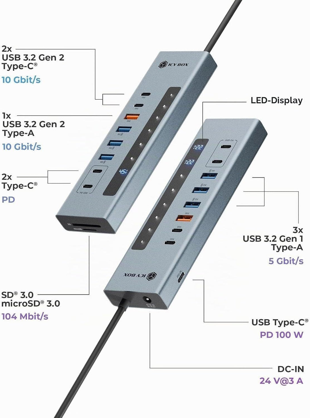 ICY BOX (11-in-1) USB-C Hub mit Kartenleser, 2X USB-C &amp; 1x USB-A (10 Gbit/s), 3X USB-A (5 Gbit/s), 1