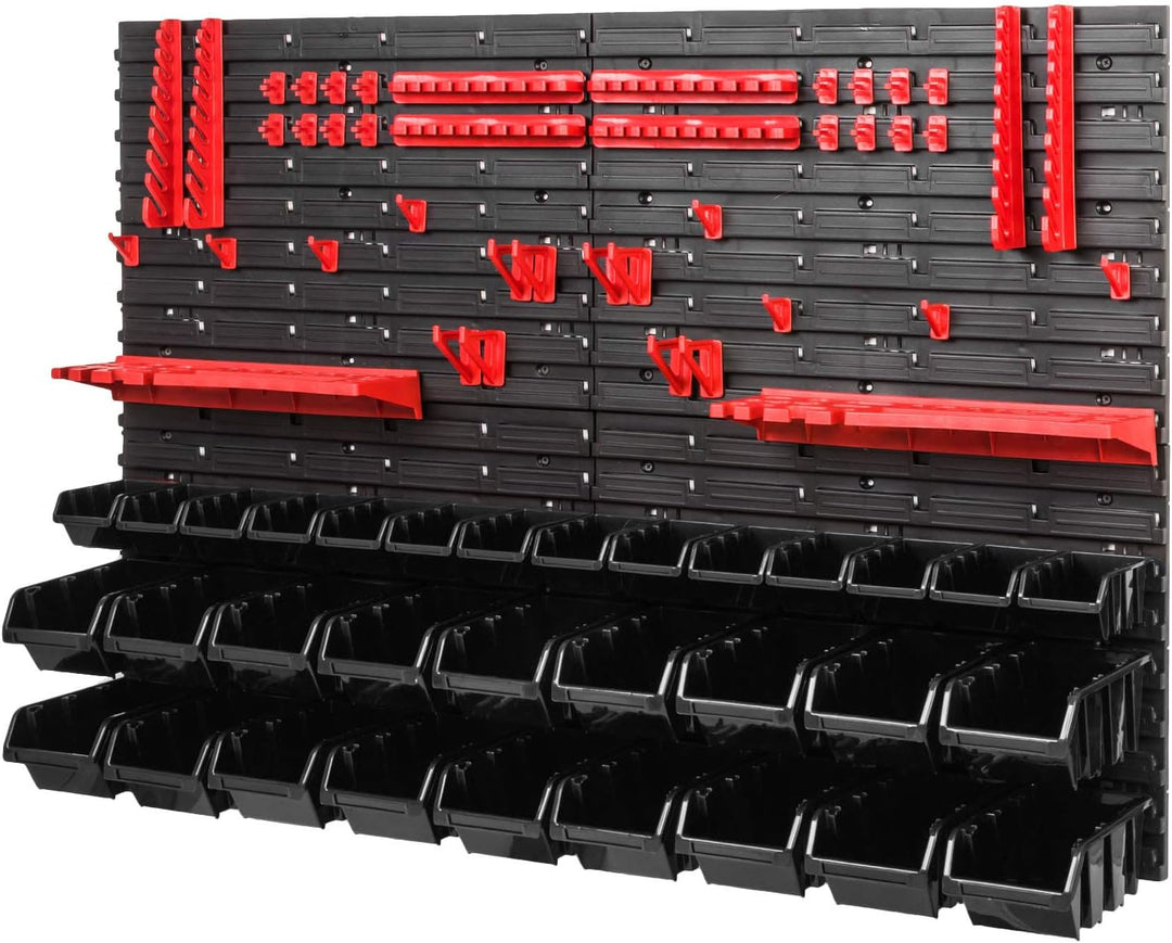 Werkstattregal Lagersystem - 1152 x 780 mm - Wandregal mit Schwarz Stapelboxen, Rot Werkzeughalter -