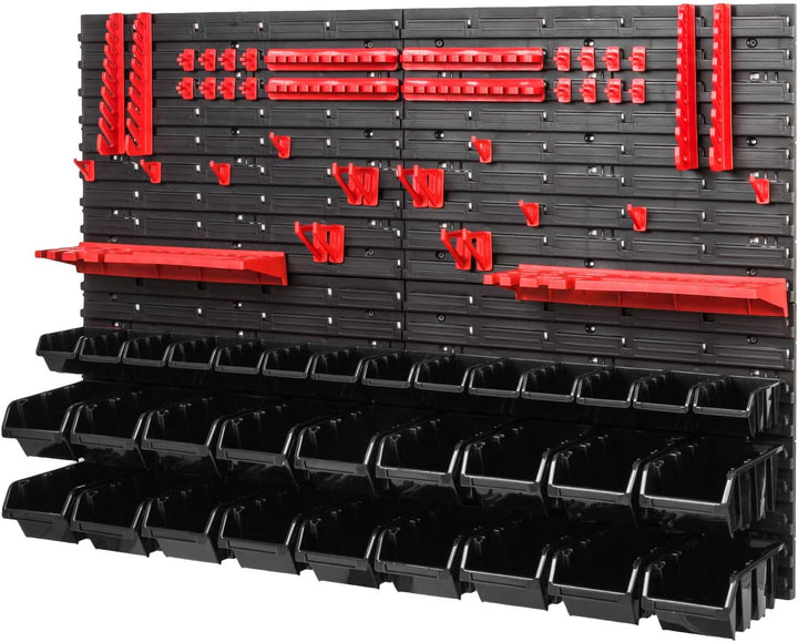 Werkstattregal Lagersystem - 1152 x 780 mm - Wandregal mit Schwarz Stapelboxen, Rot Werkzeughalter -
