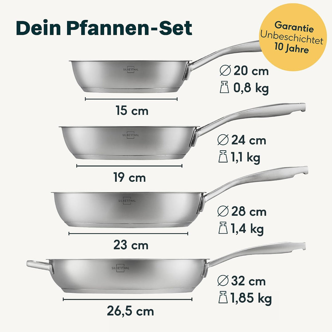 SILBERTHAL Pfannen Set 4 teilig - Edelstahlpfanne Unbeschichtet | 20, 24, 28 &amp; 32 cm - Induktionsgee