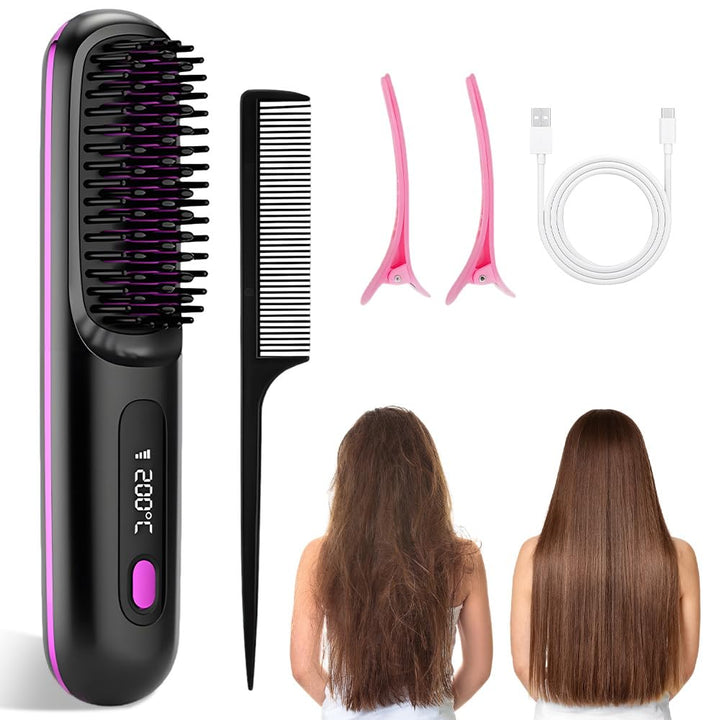 Stylingbürste für Kurze Haare, Haarbürste Elektrisch, Tragbare Glättbürste Kabellos mit LED-Anzeige,