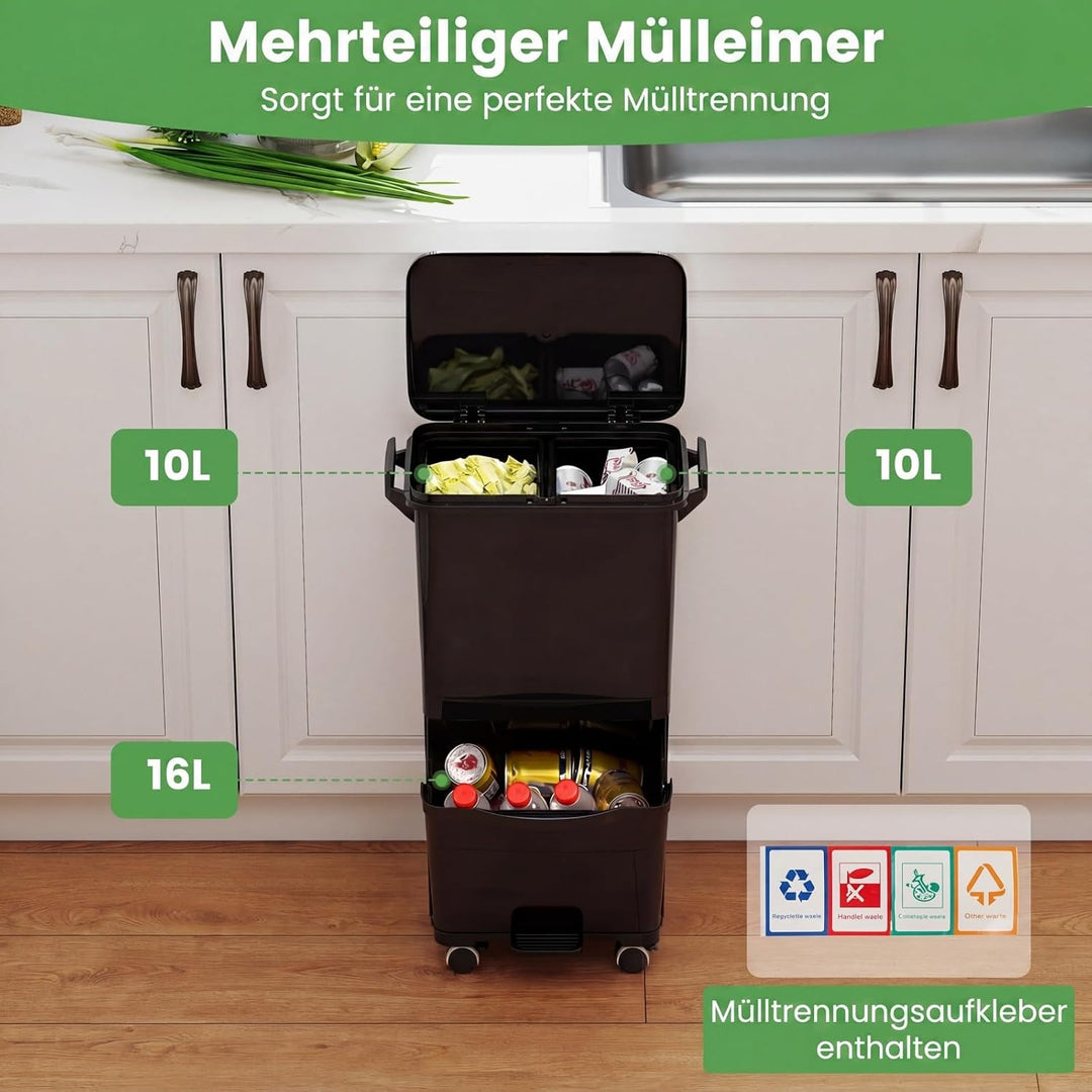 COSTWAY Mülleimer 3 Fächer mit Deckel, 36L Abfalleimer Küche, Tretmülleimer auf Rädern mit 2 herausn