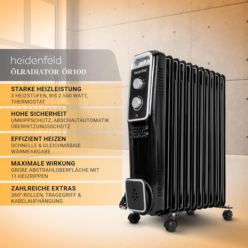 Heidenfeld Ölradiator ÖR100 | 𝟑 𝐉𝐀𝐇𝐑𝐄 𝐆𝐀𝐑𝐀𝐍𝐓𝐈𝐄 - 2500 Watt - Timerfunktion - Energiesparend - Öl Rad