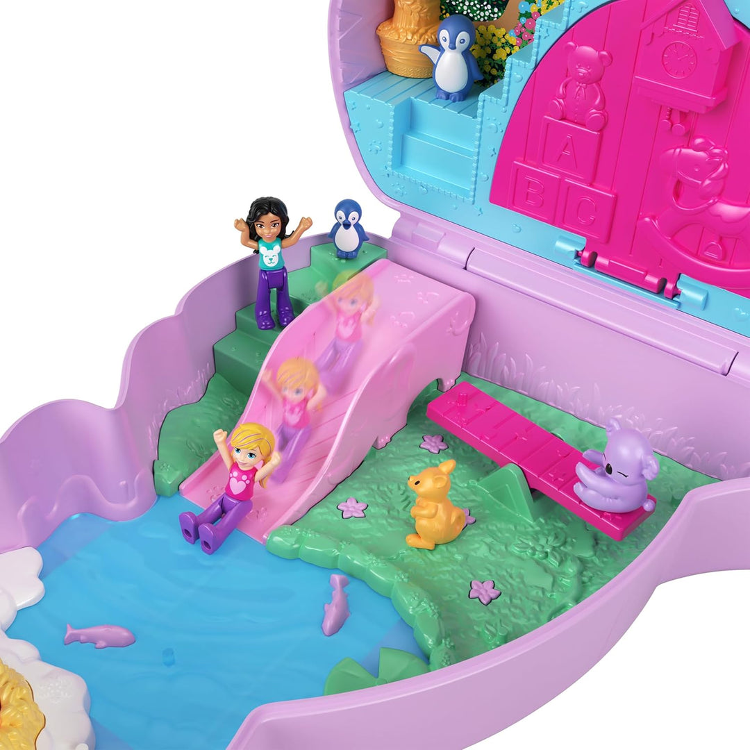 Polly Pocket Mama und Joey Känguru Tasche - 2-in-1-Spielset mit Tierkinderzimmer, 2 Puppen, 7 Tieren