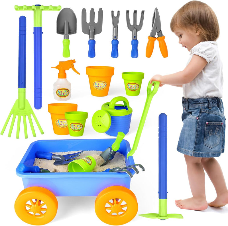 deAO Gartenset mit Schubkarre Kinder, Schaufel, Rechen, Blumentöpfe, Giesskanne Usw, 14Pcs Kinder Ga