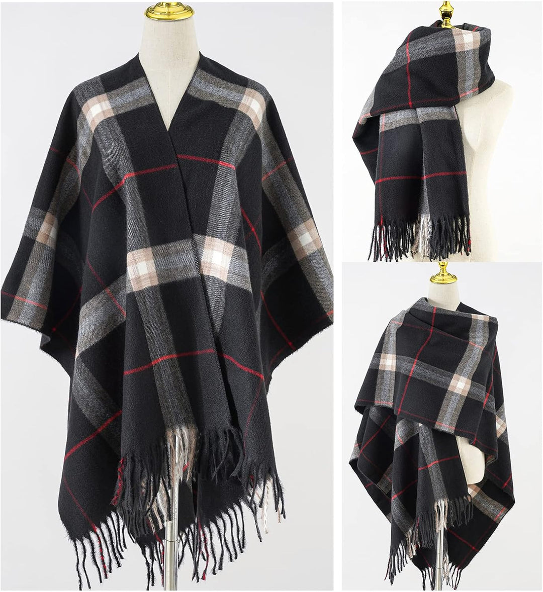 Danfiki Damen Poncho Schal Cashmere Feeling Strick Cape Cardigan Einheitsgrösse Doppelgitter Schwarz