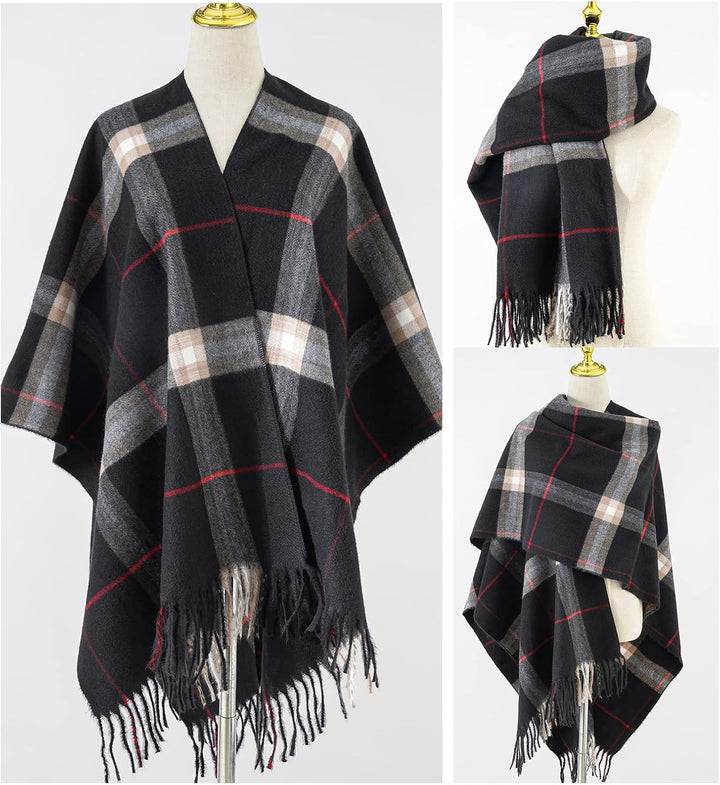 Danfiki Damen Poncho Schal Cashmere Feeling Strick Cape Cardigan Einheitsgrösse Doppelgitter Schwarz