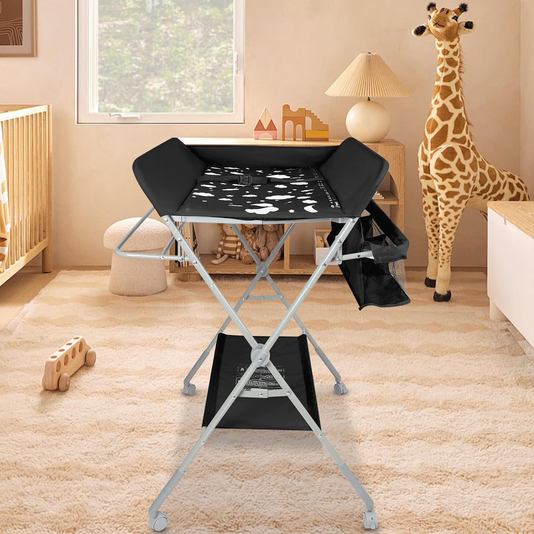 Baby Klappbarer Wickeltisch，Mobiler Wickeltisch mit Rollen und Wickelauflage,Wasserdicht und Höhenve
