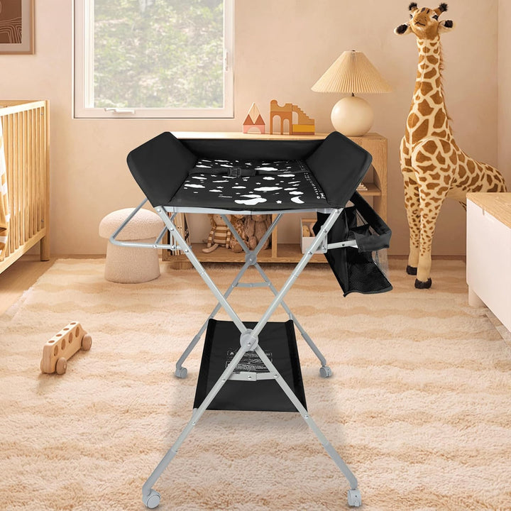 Baby Klappbarer Wickeltisch，Mobiler Wickeltisch mit Rollen und Wickelauflage,Wasserdicht und Höhenve