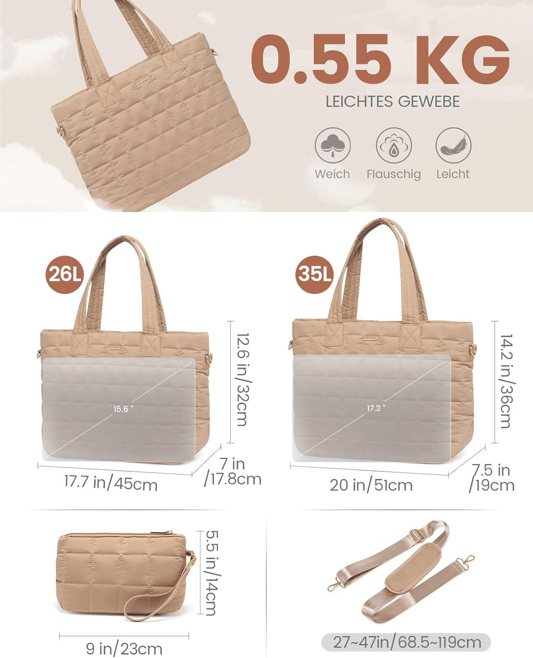 LOVEVOOK Laptoptasche Damen 15,6 Zoll，Laptop Handtasche Arbeitstasche Gross，Puffer Shopper Tasche Sc