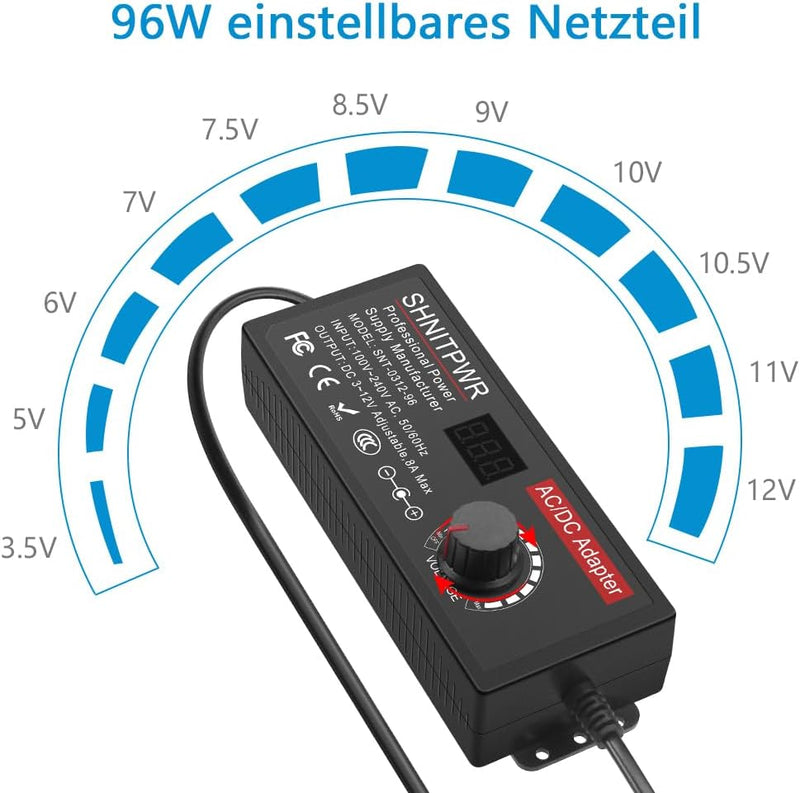 SHNITPWR Universal Netzteil 3.5-12V 8A 96W Einstellbarer Netzadapter DC 3.5V 4.5V 5V 6V 7V 8V 9V 10V