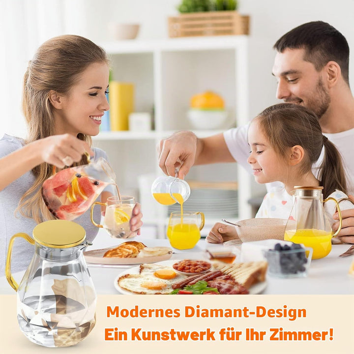 DUJUST Glaskaraffe mit goldenem Deckel 2 Liter, Wasserkaraffe im Modernen Diamant Design, Glaskrug m