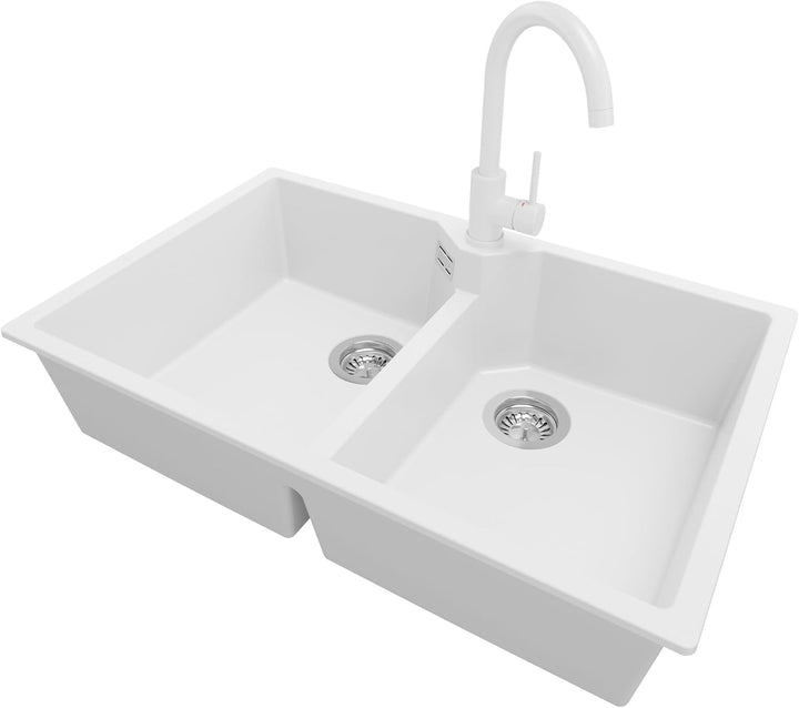 Spülbecken Weiss 78 x 50 cm, Granitspüle + Küchenarmatur + Ablauf-Set, Küchenspüle ab 80er Unterschr