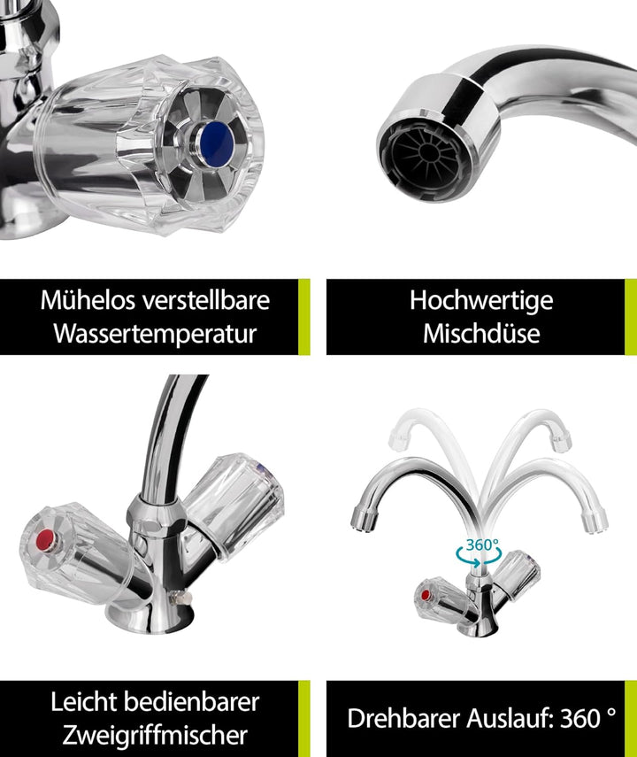 aquaSu® Zweigriffmischer Standard Plus für Waschtisch | Niederdruck | Chrom | Wasserhahn