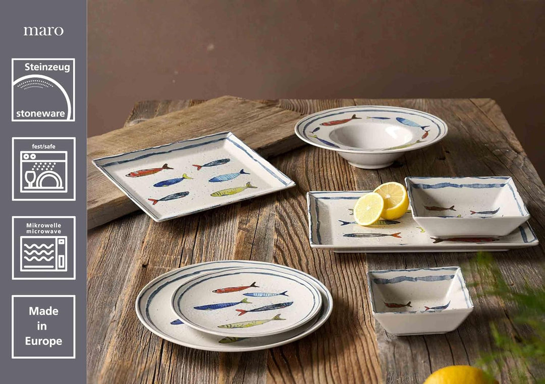 Ritzenhoff & Breker Maro Speiseteller ø 26 cm 6er Set, Steinzeug-Geschirr mit Fisch-Dekor, Spülmasch