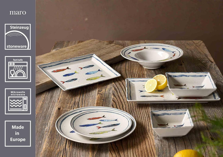 Ritzenhoff & Breker Maro Speiseteller ø 26 cm 6er Set, Steinzeug-Geschirr mit Fisch-Dekor, Spülmasch