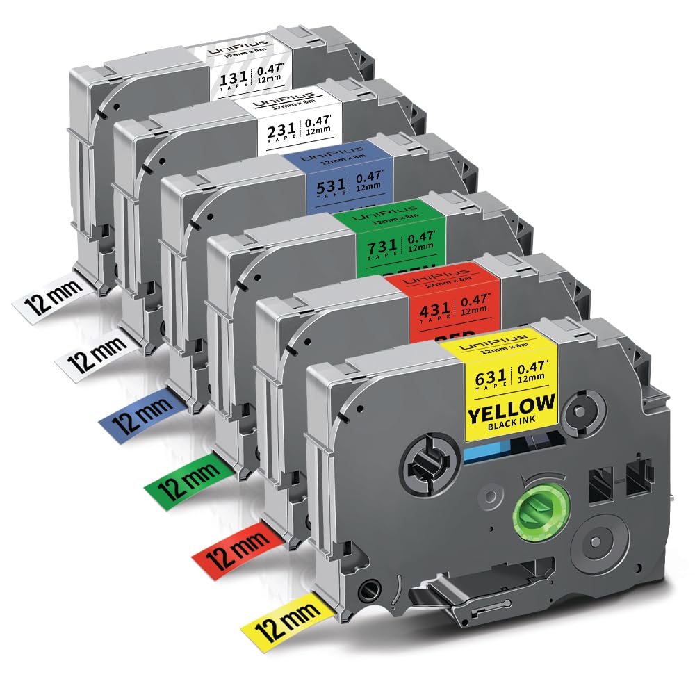 UniPlus 6x Kompatibel Tze 12mm 0,47 Etikettenband als Ersatz für Brother TZe-231 TZe-131 TZe-431 TZe
