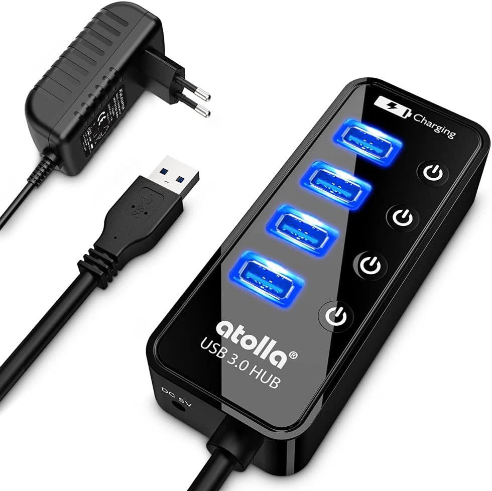 Atolla USB 3.0 Hub mit Strom versorgt, USB Hub mit 4 Ports Steckdosenleiste mit individuellen EIN-/A