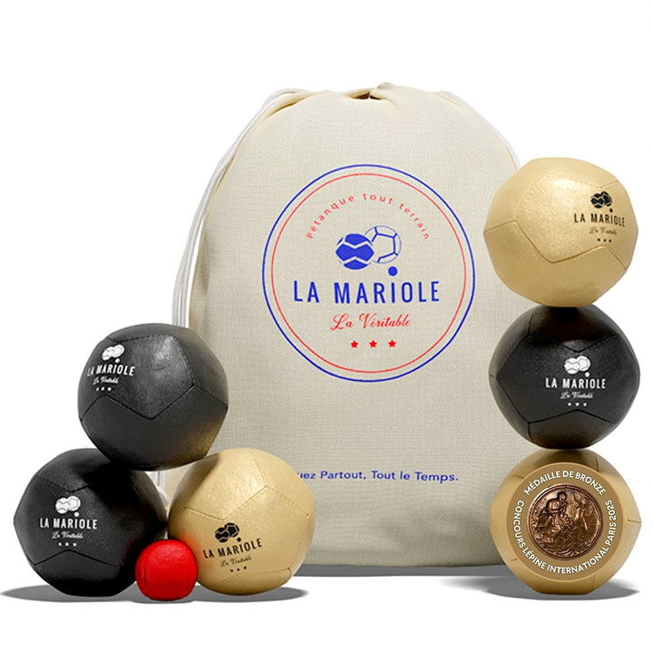 LA MARIOLE – Boccia-Kugeln für alle Terrain Innen und Aussen – Offizielles Pack V4 Schwarz und Gold,