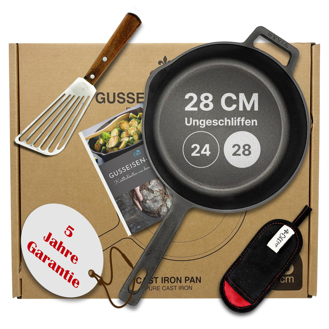 Ottia reine Gusseisenpfanne Induktion 28cm (ungeschliffen), mit eKochbuch, Pfannenwender, waschbarem