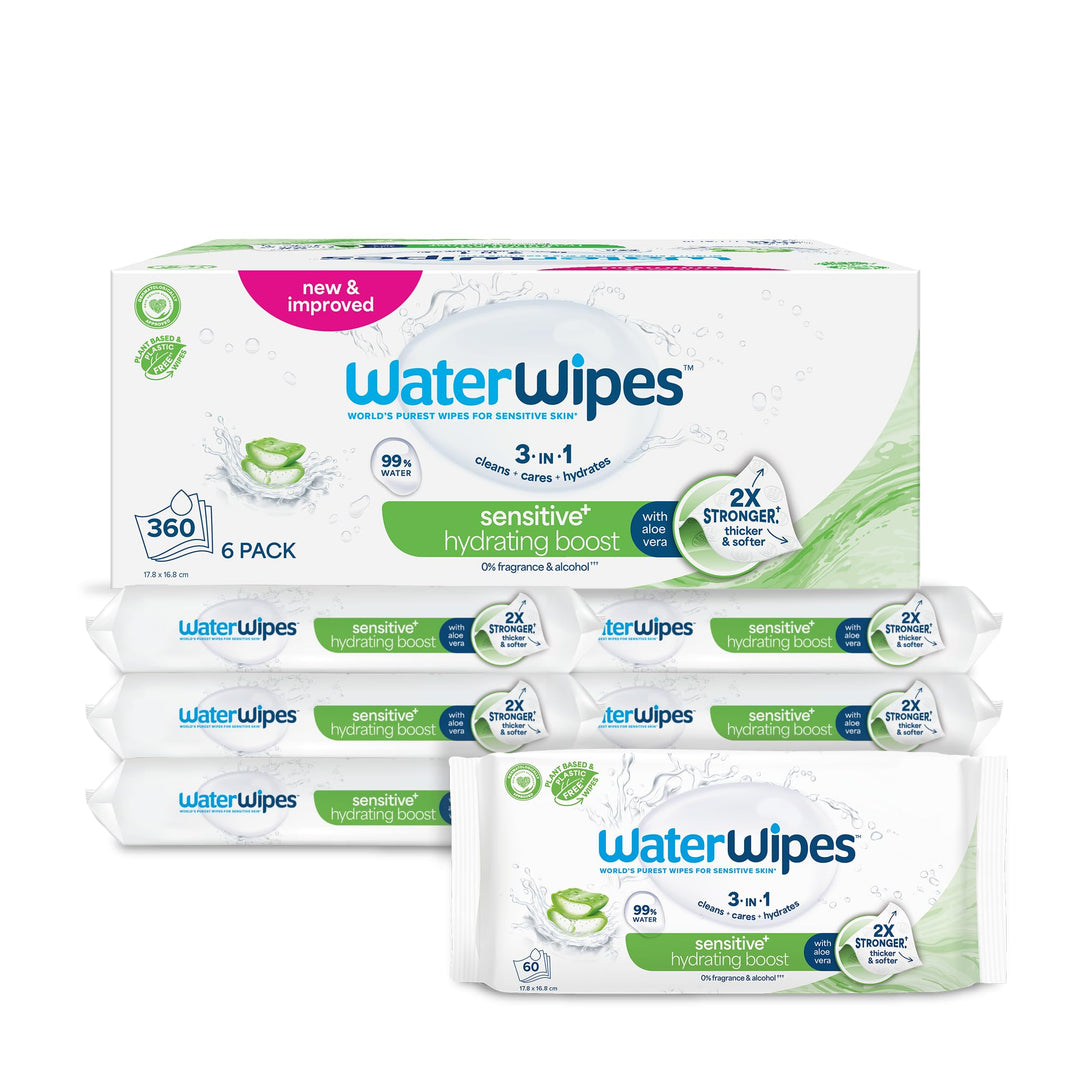 WaterWipes Sensitive+ Hydrating Boost Wipes, Feuchtigkeitsspendende Tücher, 360 Stück (6 Packungen),