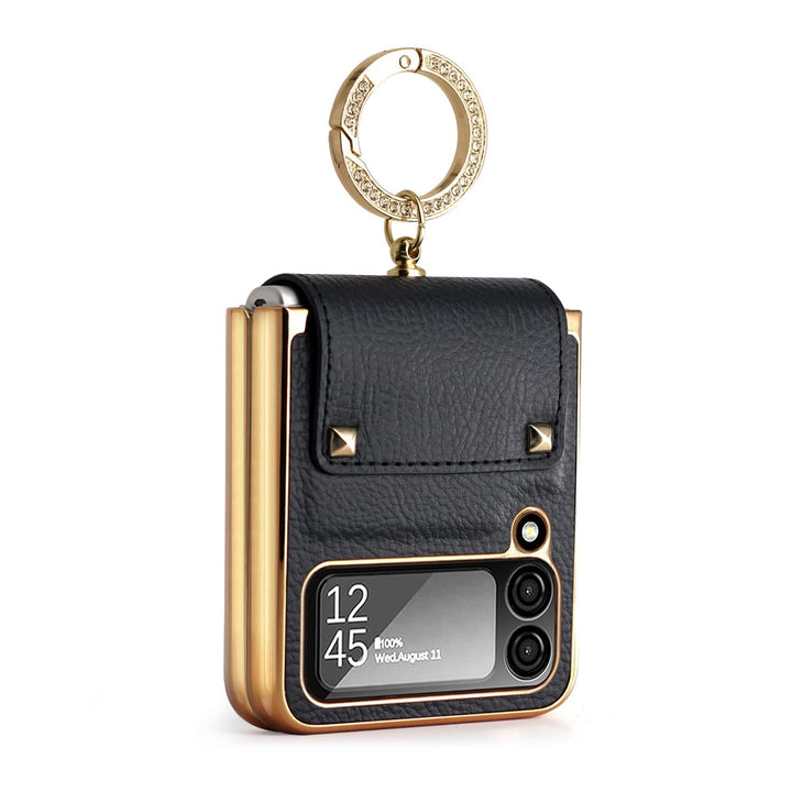 COQUE Hülle für Galaxy Z Flip 4,Schutzfolie Shell All-in-One Leder All-Inclusive Handyhülle mit Ring