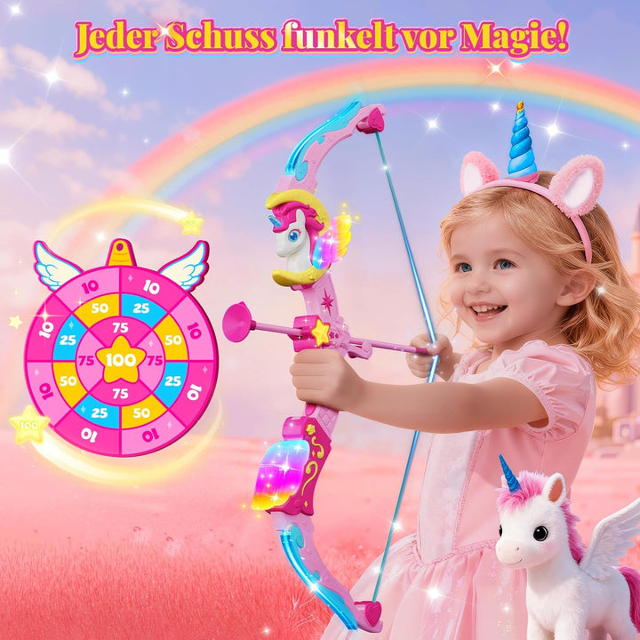 Einhorn Spielzeug für 3-12 Jahre Mädchen, 6 Magische Lichtern PfeilBogen mit (Einhornhorn, Flügel, S