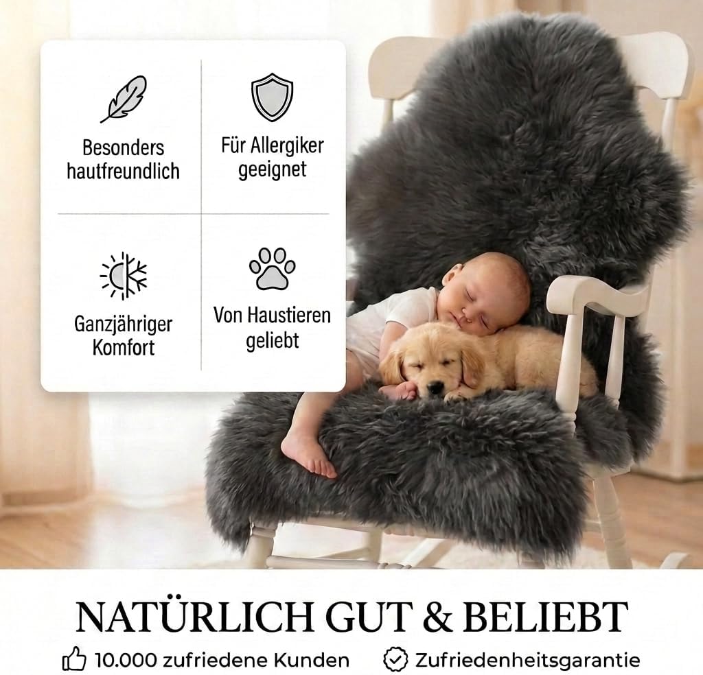 Premium Lammfell Schaffell von LANABEST. Echtes Fell mit ganz zarter Wolle. Kuschelfell, geruchsarm,