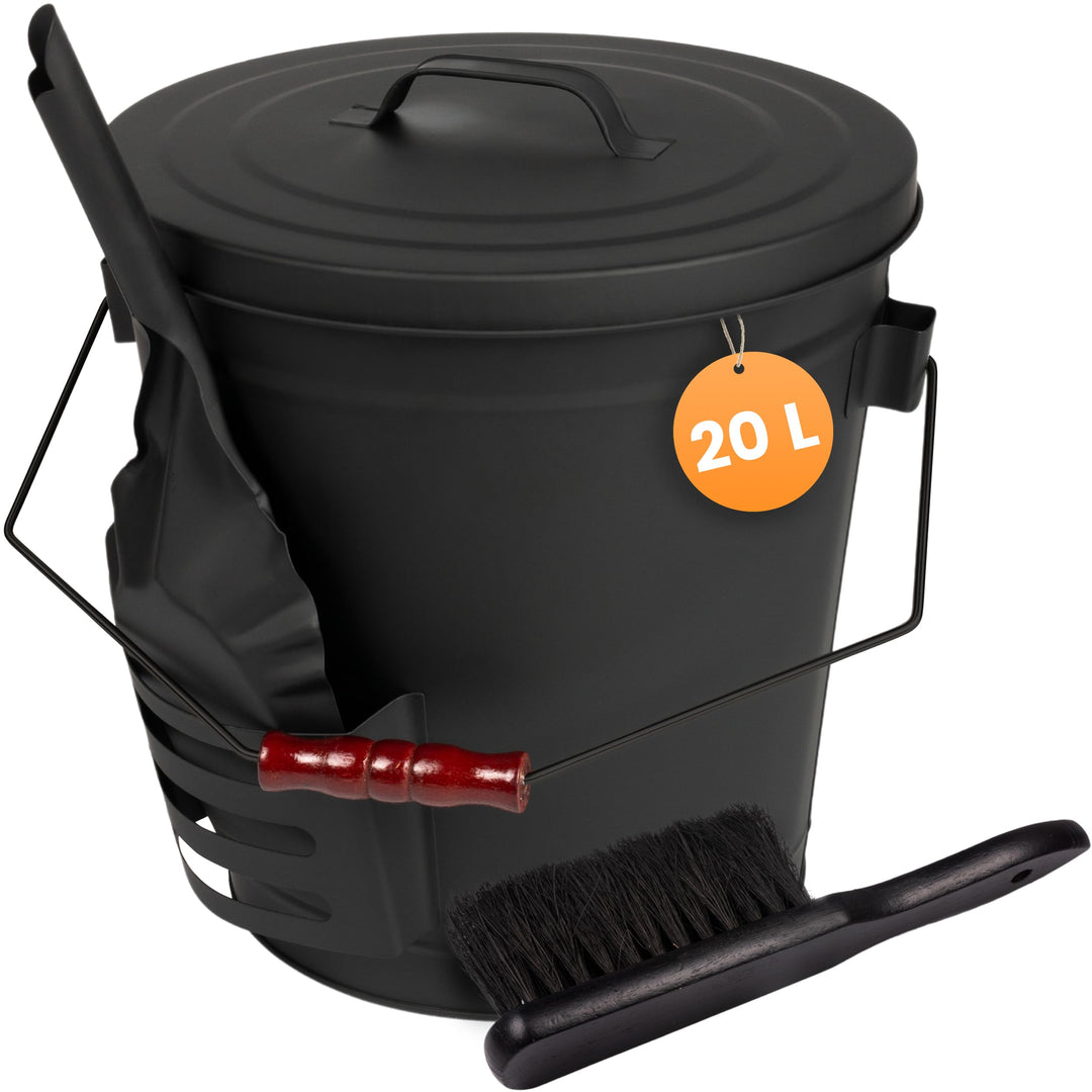 BLACK OAK Ascheeimer Stromboli 20L – schwarz mit Deckel Schaufel & Besen Bügel schwarz gross 20 Lite
