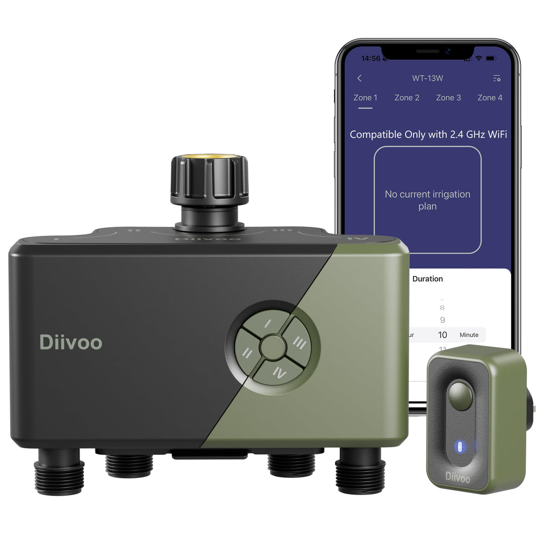 Diivoo Bewässerungscomputer WLAN 4 Ausgänge mit 60M RFID-Technologie, Wasser Zeitschaltuhr mit Alexa