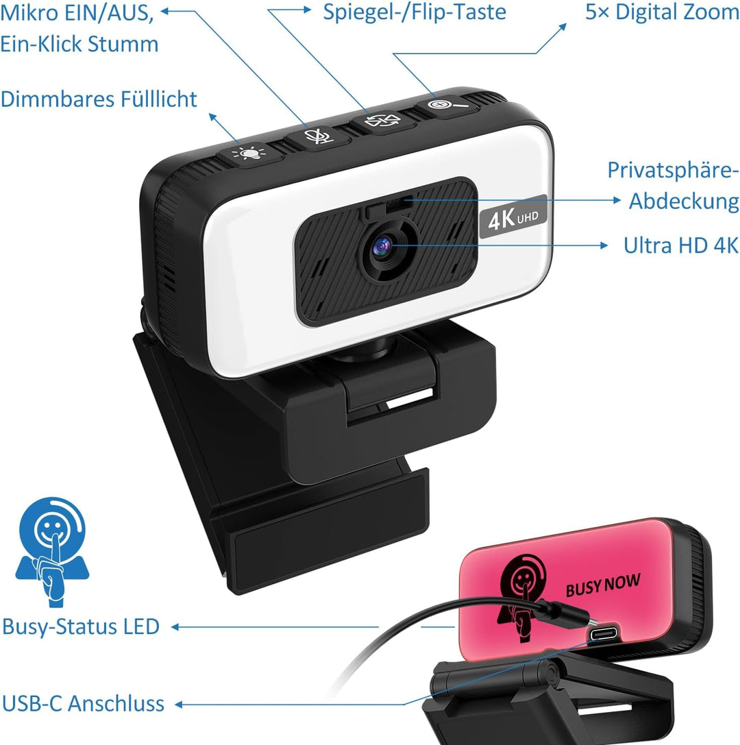 4K Webcam mit Licht & Zoom, USB Computer Kamera mit Mikrofon, Privatsphäre-Abdeckung & Anti-Stör-Lic
