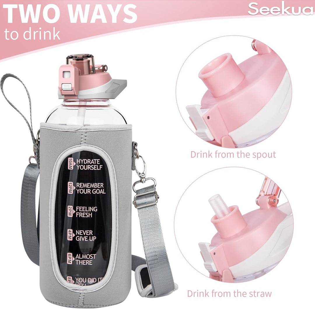 Seekua 2l Sport Trinkflasche Glas Flasche mit Strohhalm & Zeitmarkierung auslaufsicher bpa frei 2 li