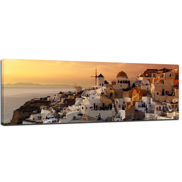 Bilderdepot24 Bild auf Leinwand | Santorini im Abendrot in 160x50 cm als Panorama Wandbild XXL | Wan