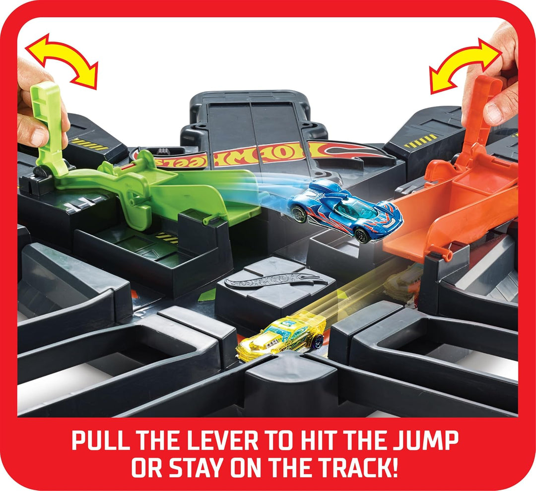 Hot Wheels GFH87 - Super Mega Crash Grosse Rennbahn mit 8er Looping Kurve XXL 1,5 m breites Spielset