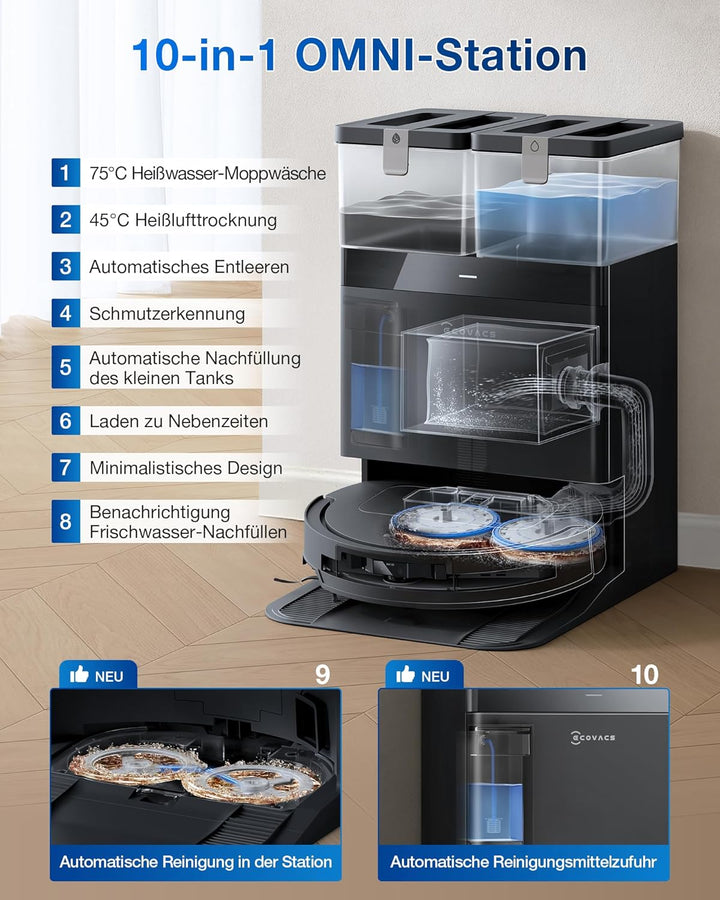 ECOVACS DEEBOT T50 PRO Omni Saugroboter mit Wischfunktion, Ausfahrende Seitenbürste und Wischmopp, 1