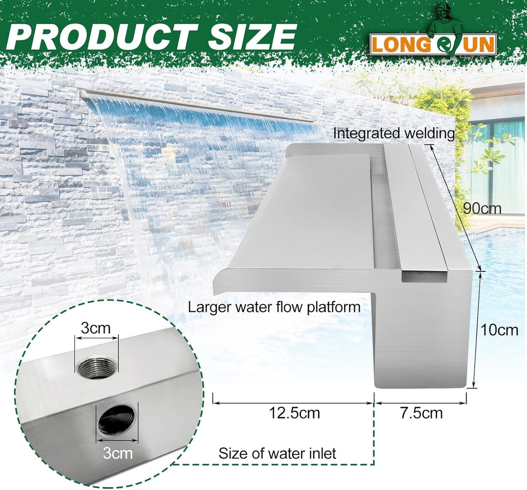 LONGRUN Edelstahl Wasserfall Überlauf, APP Kontrolle Multi-Farben LED-Licht Draussen Pool Brunnen, K