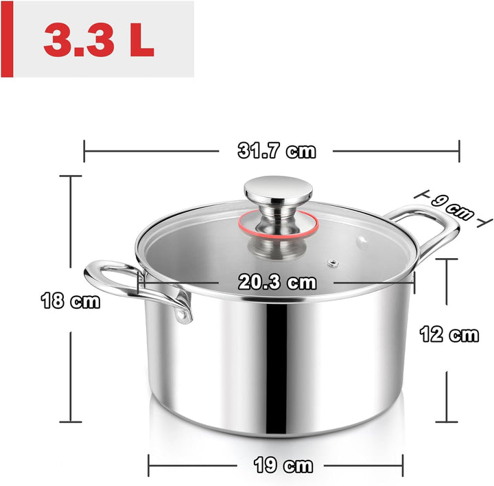 Herogo Kochtopf, Edelstahl Kochtopf Induktion mit Glasdeckel, Ø 20 cm / 3,3 L Suppentopf Fleischtopf