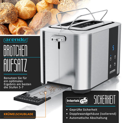 Arendo - Edelstahl Toaster Langschlitz 2 Scheiben- Touchscreen – Doppelwandgehäuse – Integrierter Br