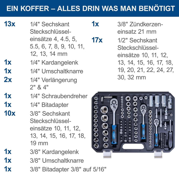 Scheppach Werkzeugkoffer TB180 Steckschlüsselsatz 180-tlg | 1/4"+3/8"+1/2" Ratschen, Verlängerung, S