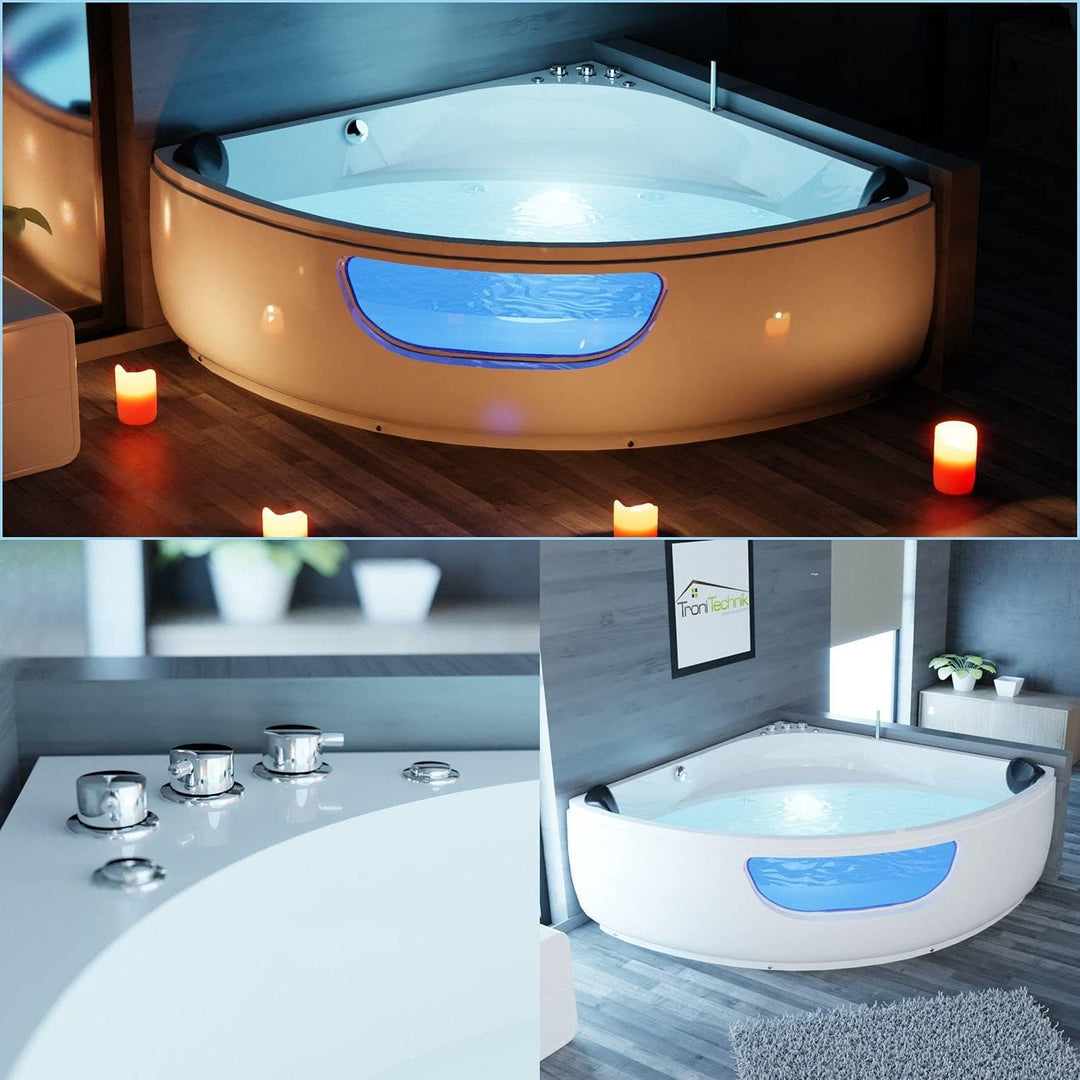 Tronitechnik® Eckbadewanne mit Whirlpool 135x135cm mit Sitz, Acrylwanne für Zwei Personen, Eck-Badew