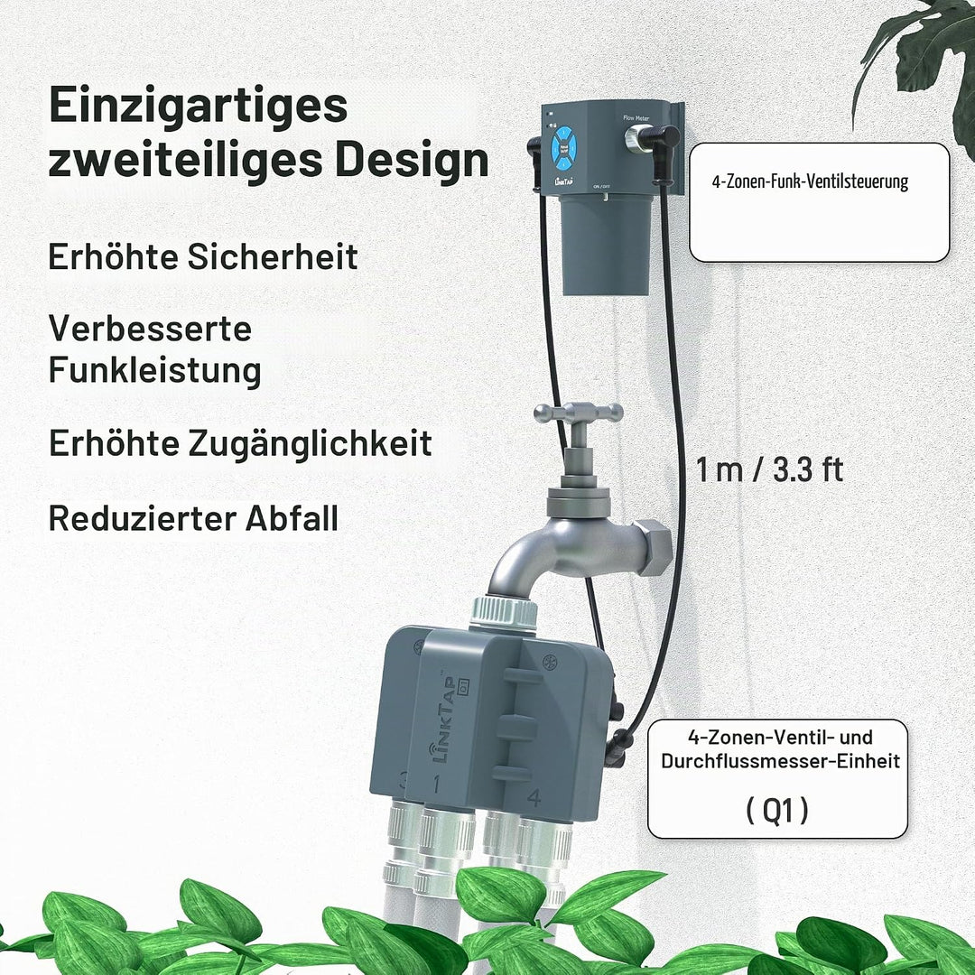 LinkTap Q1 Drahtlose Bewässerungscomputer, Erfordert Gateway, 4-Zonen Smart Bewässerungssteuerung, 4