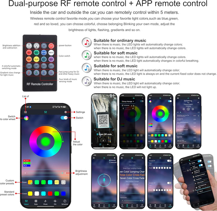QAUBEN Auto Innenraum Umgebungsbeleuchtung Glasfaserkabel RGB 64 Farben Mehrfarbiges Musikauto Fussr