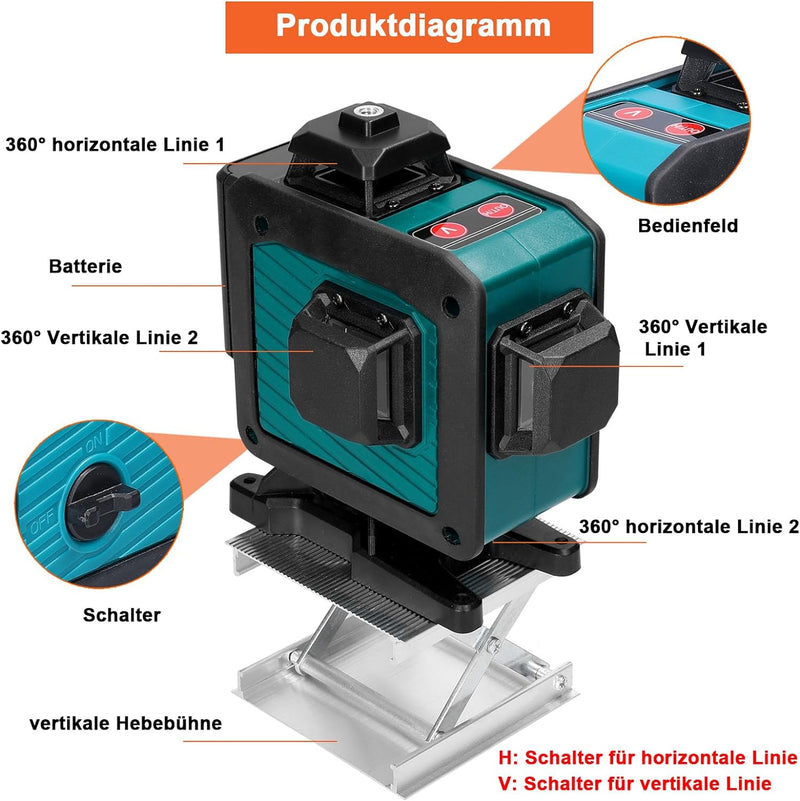 Kreuzlinienlaser mit Stativ Hancaner 4x360° 16 Linien-Linienlaser 3 ° kreuzlinienlaser selbstnivelli