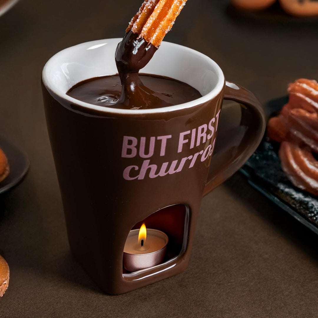 Fisura - Fondue Tasse für Schokolade und Käse, braune Keramiktasse 140 ml mit Gabel, originelle Gesc