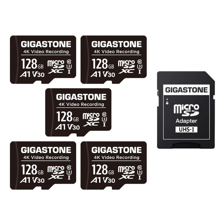 GIGASTONE 128GB MicroSDHC Speicherkarte 5er-Pack + SD Adapter, für Action-Kamera, GoPro, Drohne und