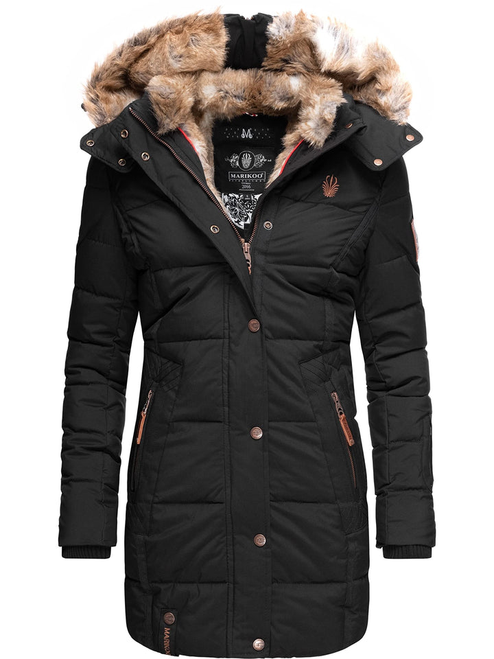 MARIKOO Damen Warmer Winter Steppmantel mit Kapuze Lieblings Jacke XS-XXL L Schwarz, L Schwarz