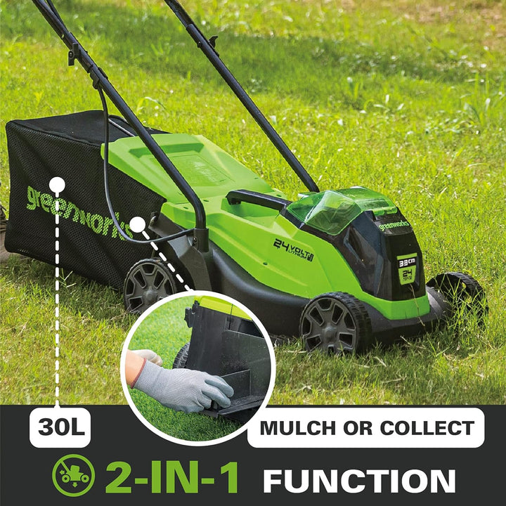 Greenworks Akku-Rasenmäher 24V 33cm bürstenloser, 25-70mm Schnitthöhe, 2 Funktionen, mit 30L Tasche