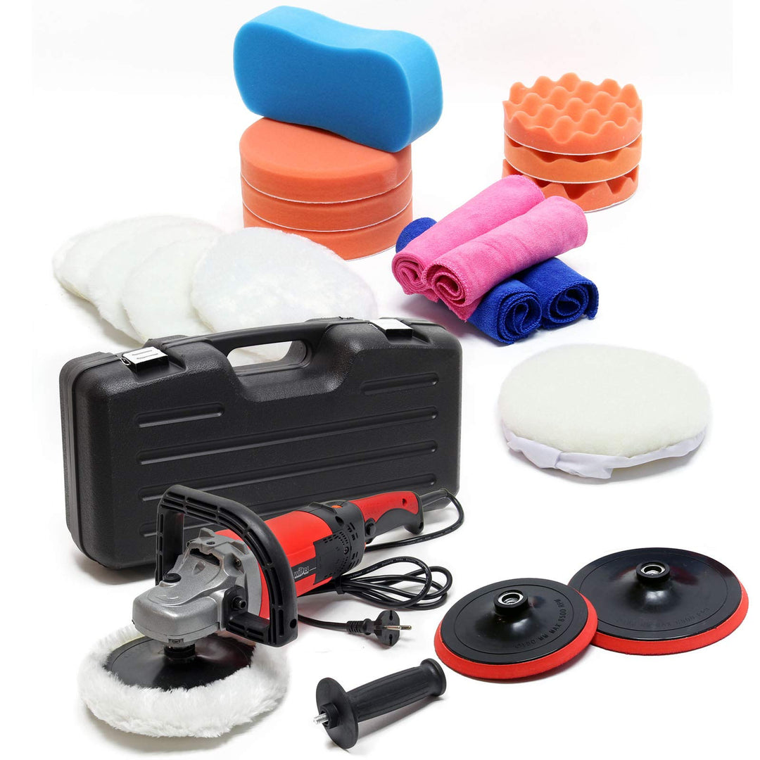 Wiltec Poliermaschine Set aus 26 Teilen 1500W bis 3000 U/min, Schleifgerät mit 6 Stufen inkl. vieler