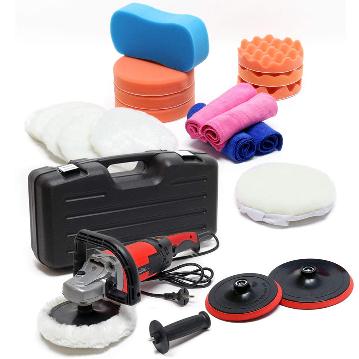 Wiltec Poliermaschine Set aus 26 Teilen 1500W bis 3000 U/min, Schleifgerät mit 6 Stufen inkl. vieler