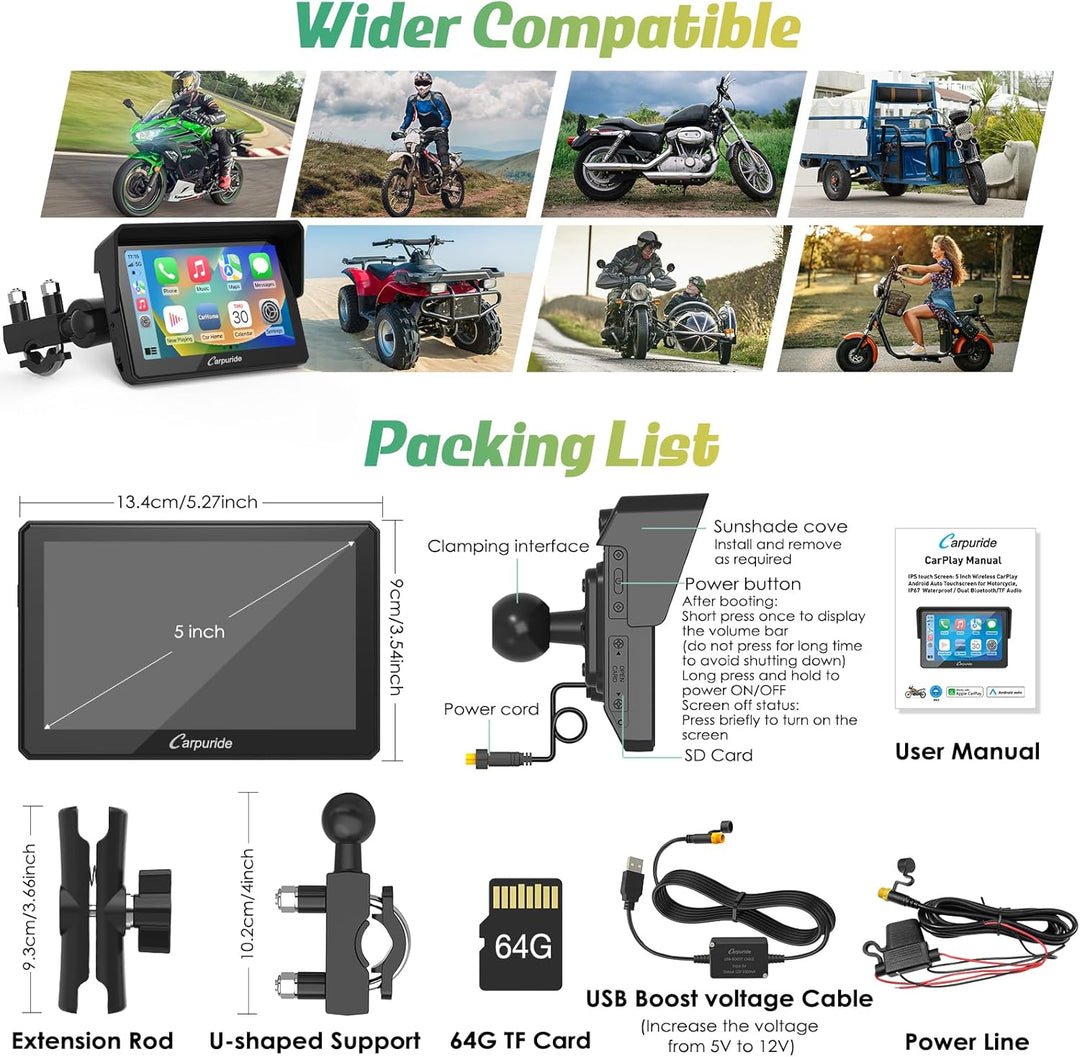 Carpuride W502 Carplay Bildschirm für Moto, Tragbares CarPlay und Android Auto für Motorrad, 5 Zoll